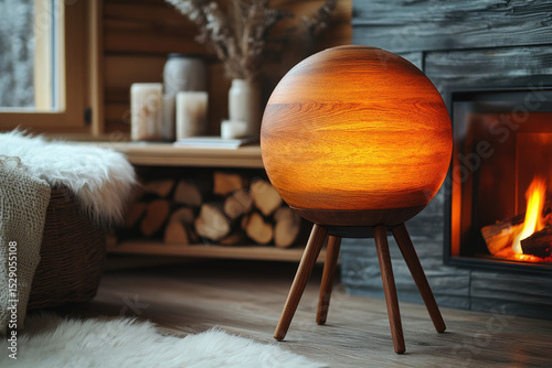 Rustic Wooden Decor with a Dark Oak Sphere Set Against a Cozy Fireplace