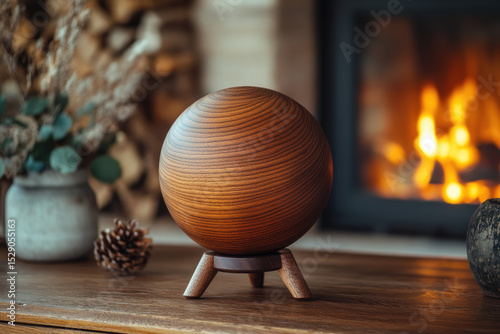 Realistic Wooden Sphere Displayed on a Tripod Stand in Front of Cozy Fireplace