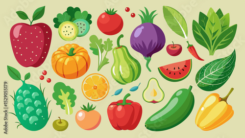 Colorful Fruits and Vegetables Illustration for Healthy Eating Concepts
