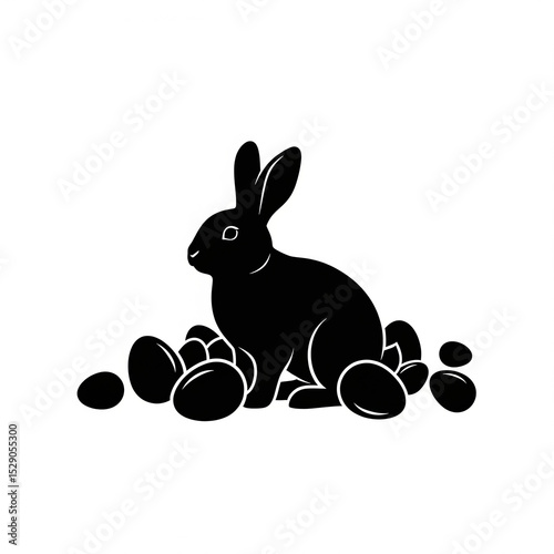 A silhouette of a rabbit and many eggs, white background.