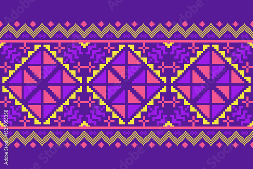Cross stitch pattern concept showcasing traditional ethnic geometric pattern, Design for textile, background,carpet,wallpaper,clothing,wrapping,Batik,fabric,Vector illustration	
