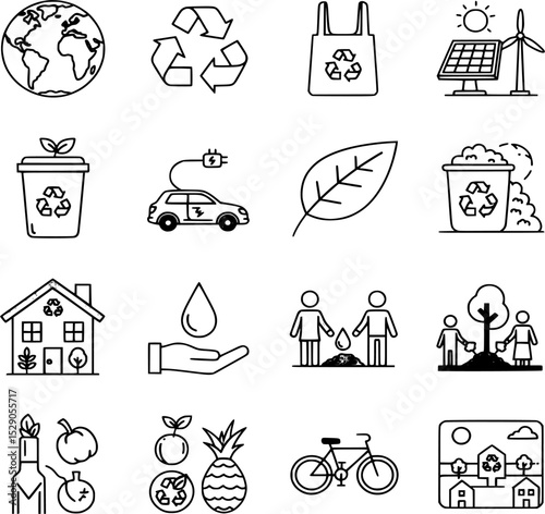 A comprehensive set of clean line icons illustrating environmental sustainability, renewable energy, and ecological concepts, perfect for eco-friendly designs.