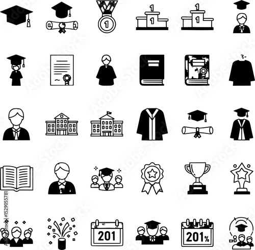 A collection of black and white icons representing graduation, education, and academic achievement. Includes symbols like graduation caps, diplomas, medals, books, schools, and students.