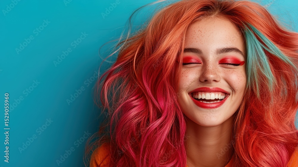 Naklejka premium An energetic young girl showcases her bright, multicolored hair and beaming smile against a turquoise background, representing joy, creativity and youthful spirit.