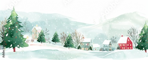Christmas background with snow-covered trees and houses in the distance, vector illustration, white background
