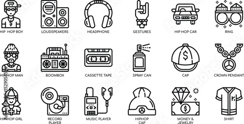 Hip Hop Culture Icon Set 24 Line Art Illustrations of Classic 90s Hip Hop Elements - EPS Vector Graphic Download