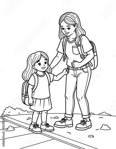 Mother teaching daughter road safety rules on the way to school - coloring page for kids 5 - 8 years old  