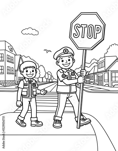 Child walking with school patrol officer holding stop sign for safety  