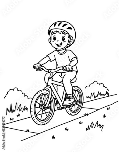 Young boy riding bicycle on a safe path outdoors  