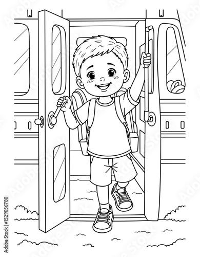 Boy exiting school bus while holding handrail and smiling - Concept of Back to School - coloring page for kids 5 - 8 years old