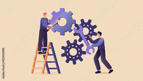 Teamwork and Engineering Two Men Working Together to Fix and Maintain Gears with Wrench and Ladder Illustration