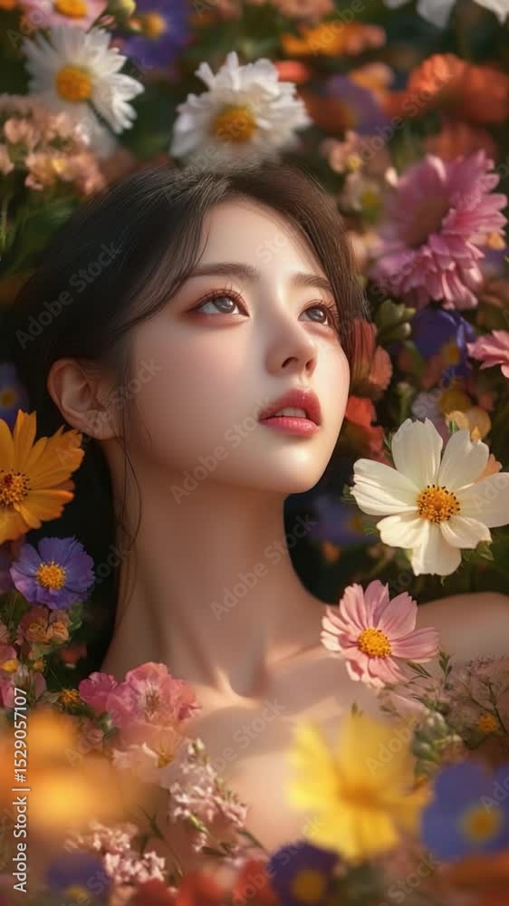 Serene Portrait of a Young Woman Surrounded by Colorful Spring Flowers in Blooming Garden Setting Serene Portrait of a Young Woman Surrounded by Colorful Spring Flowers in Blooming Garden Setting