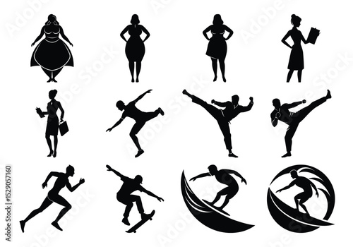 Silhouettes of Women and Active Sport Figures in Vector Poses on white background 