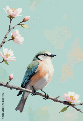 Beautiful Bird Perched on Cherry Blossom Branch Against Soft Pastel Background in Springtime