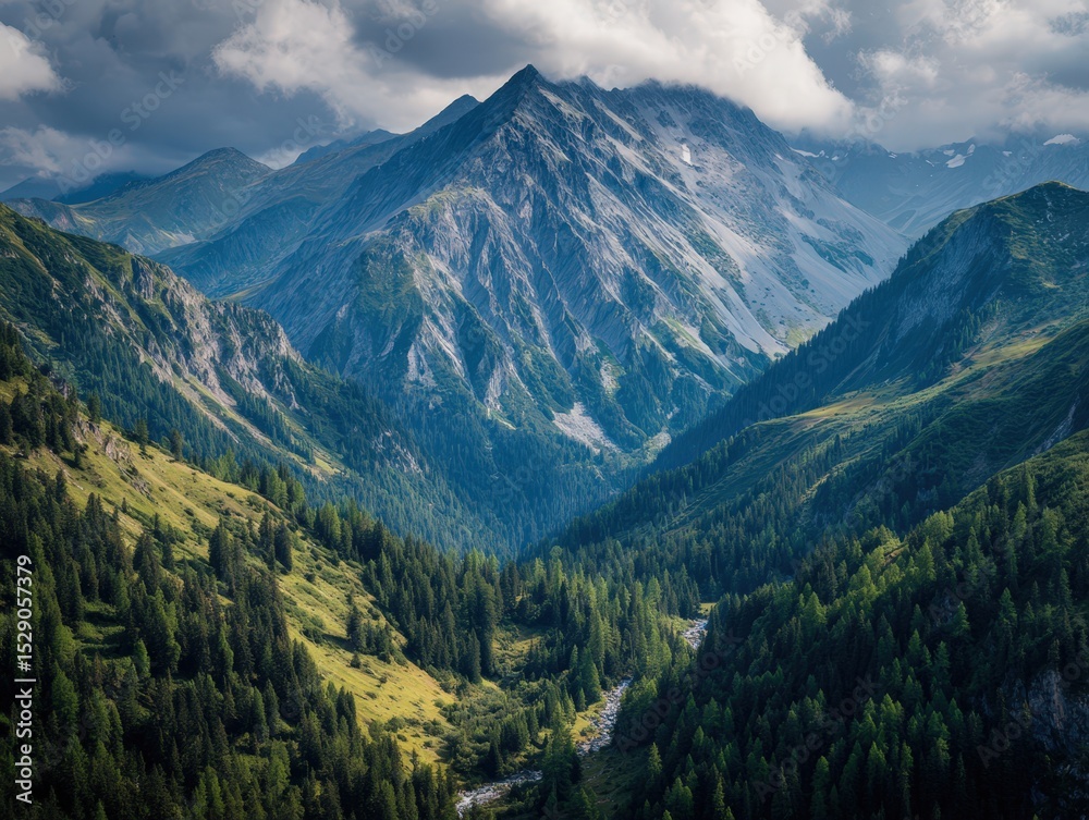 Obraz premium Majestic alpine mountain range, lush green valleys, and a winding river. Ideal for travel, nature, and environmental projects. Perfect for websites, brochures, and more.