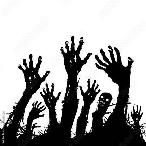 Creepy zombie hands reaching out from the ground in horror silhouette style on white background, concept of undead rising or Halloween fear