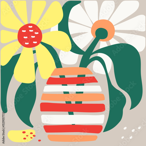 Bouquet of flowers in a vase, still life. Hand-drawn Abstract minimalist illustration. Vector Floral pattern. A Vivid illustration for the cover, botanical art posters,card, retro home decor print