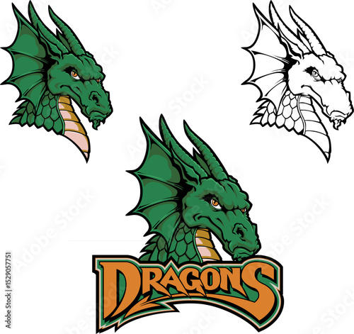Green Dragon with red eyes, esports mascot design, gaming logo template, illustration