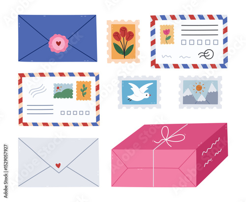 Lovely cartoon postal set with different envelopes, parcels, postage stamps. Hand drawn clipart of striped airmail letter, postcard, postmark with landscape, gift box isolated on white background.