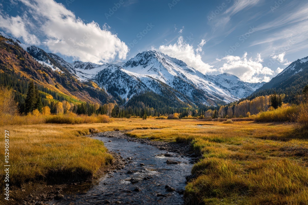 Obraz premium Serene autumn landscape. A tranquil stream flows through a golden meadow, nestled against majestic snow-capped mountains. Ideal for travel, nature, and environmental projects.