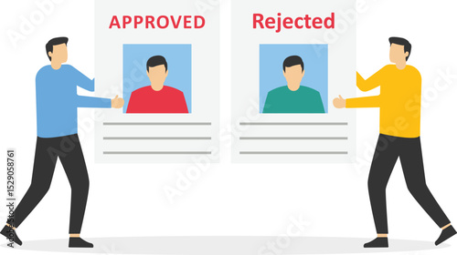 Participation. Approved resume. Reject resume. Stamp in the hands of a headhunter. Approved employment document and rejecting. Hiring concept. Vector illustration flat design.


