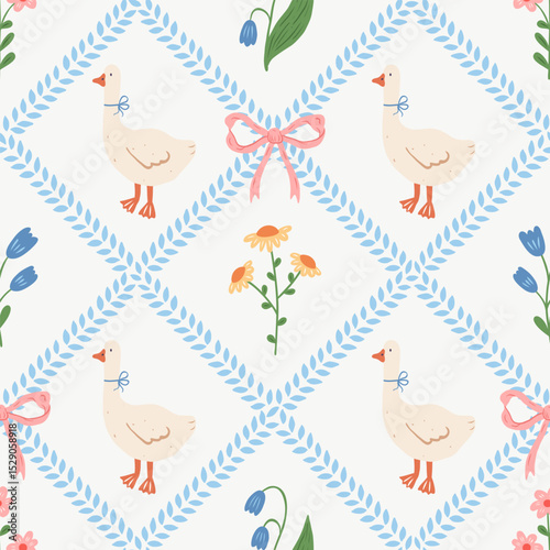 Cute floral seamless pattern with bows, flowers and goose. Preppy spring summer print. Cottagecore aesthetic. Cozy modern background. Vintage damask design for fabric, wallpaper or wrapping paper.