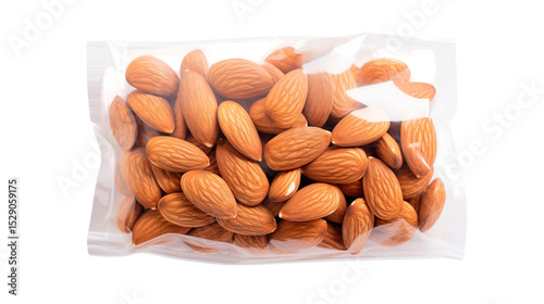 A close up shot of almonds in a clear plastic bag on a white background