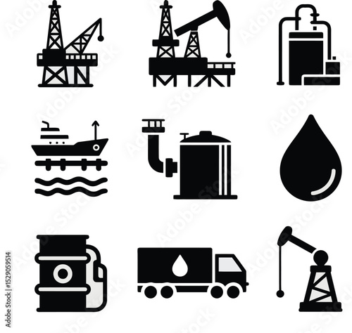 Oil and Gas Industry Icons Set – Drilling Rig, Oil Tanker, Pumpjack, Pipeline, Refinery – Vector Silhouette