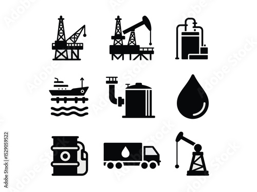 Oil and Gas Industry Icons Set – Drilling Rig, Oil Tanker, Pumpjack, Pipeline, Refinery – Vector Silhouette