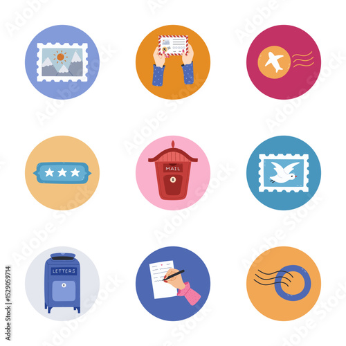 Lovely cartoon round cover icon with postage clipart for different social media, blogs, branding. Highlight icons for stories with postmark, airmail letter in hands, retro mailbox in vivid colors