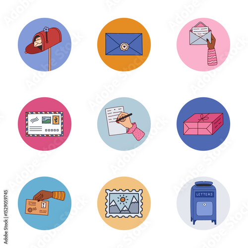 Lovely doodle round cover icon with post office and mail clipart for different social media, blogs, branding. Highlight icons for stories with public postbox, romantic letter, parcel in bright colors