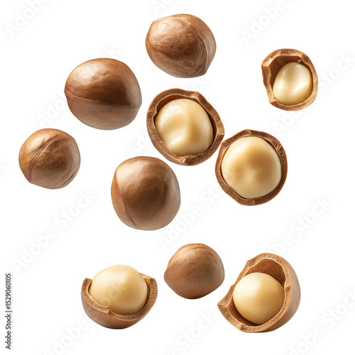Creamy, round macadamia nuts appear suspended in mid-air as if falling, isolated on a transparent background with natural shadows beneath for added depth and realism.