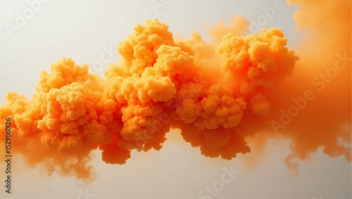 Generate a photorealistic image of a vibrant, swirling cloud of bright orange smoke or pigment drifting across a soft, light grey to off-white gradient background, evoking a sense of gentle movement.