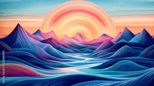 Colorful Abstract Landscape with Mountains and Sunrise in Vibrant Waves