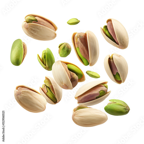 Several pistachios, both shelled and in-shell, appear to be floating or tumbling downward, isolated on a clean transparent background with realistic, detailed textures clearly visible.