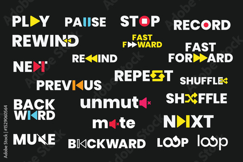 A sleek playback logo mark with play, pause, stop, rewind, and fast-forward icons, etc