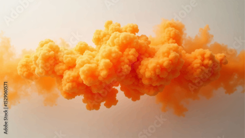 Generate a photorealistic image of a vibrant, swirling cloud of bright orange smoke or pigment drifting across a soft, light grey to off-white gradient background, evoking a sense of gentle movement.