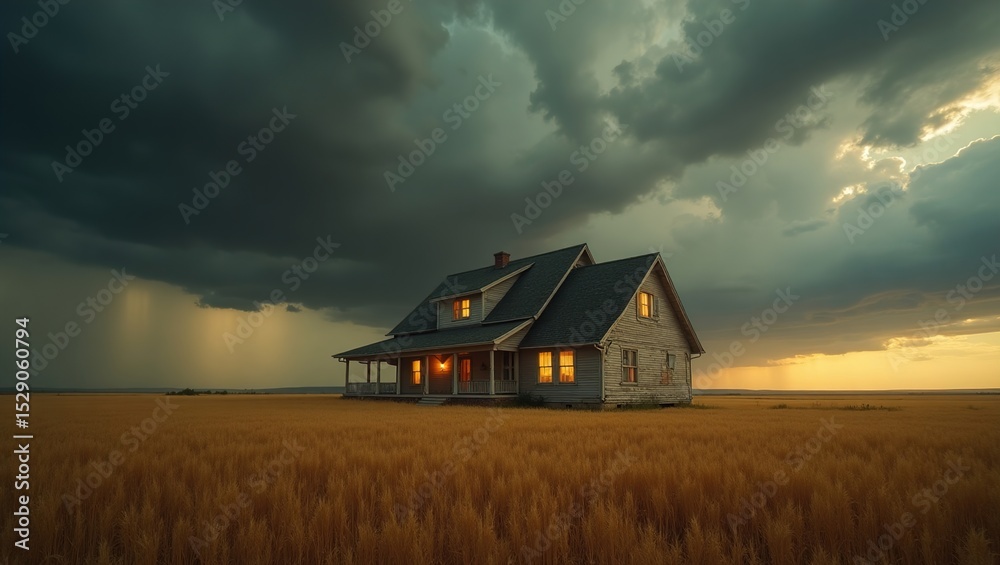 house in the field at sunset house in the field at sunset