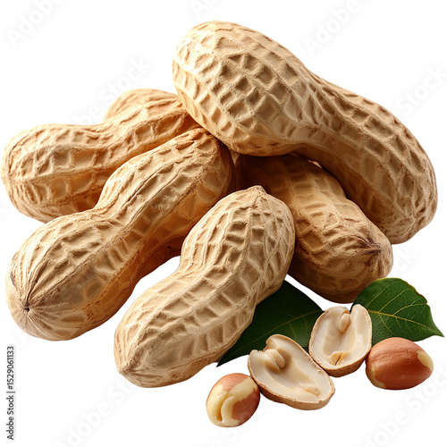 Several peanuts, both in-shell and shelled, are isolated on a transparent background, showcasing high detail and natural, earthy tones for a realistic appearance.