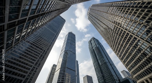 Dramatic view of towering skyscrapers reaching toward the blue sky above