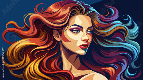 Glamorous profile of a beautiful woman with flowing, shiny wavy hair. Her curly hairstyle highlights natural beauty. This fashion model girl wears minimal makeup and glowing cosmetics perfectly.