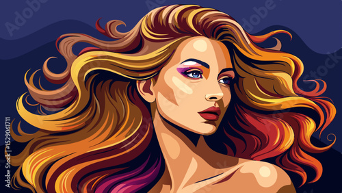 Glamorous profile of a beautiful woman with flowing, shiny wavy hair. Her curly hairstyle highlights natural beauty. This fashion model girl wears minimal makeup and glowing cosmetics perfectly.