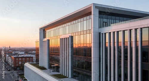 Modern office building reflecting sunset sky in glass windows, cityscape view