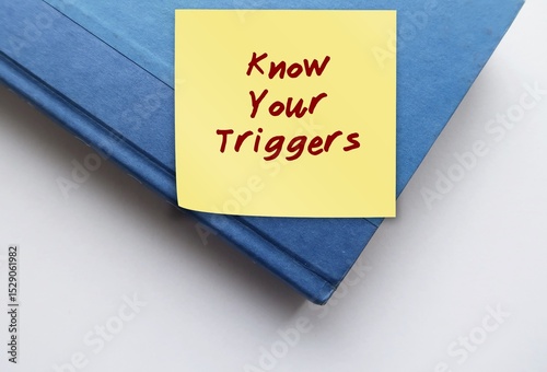 Book with text written note KNOW YOUR TRIGGERS, identifying specific stimuli that cause strong emotional or physical reactions - awareness helps manage intense or unexpected emotional response