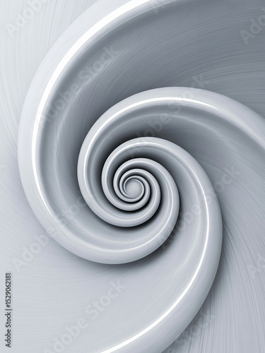 3D Abstract White Spiral Design with Brushed Metal Texture on Light Gray Background