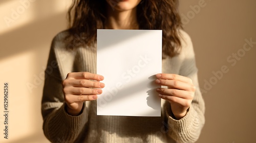 Blank paper held by a person in front of a beige background.