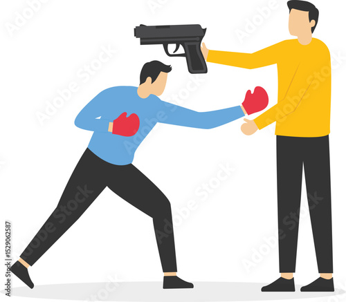 a man holding a weapon, trying to kill the other man who is pointing offensively at him. Vector cartoon illustration on ugly confrontation concept.

