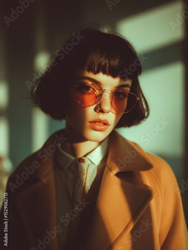 Stylish young woman in a warm coat and pink sunglasses. Retro fashion portrait, perfect for blogs, websites, and magazine covers. Warm lighting and autumnal vibe.