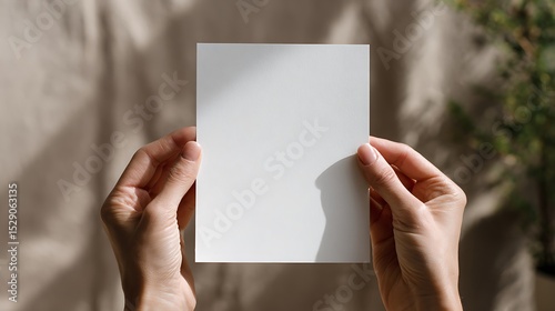 Blank sheet of paper held in hands against a soft background.