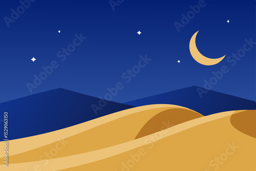 Moon and stars illuminate a serene desert landscape at night